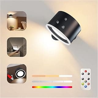 Feallive Lámpara de Pared, Aplique con Mando a Distancia Ambiental RGB Regulable con Batería Recargable, Función de Temporizador de 1 Hora con Control Táctil 360° Giratoria (Negro + Luz de colores)