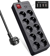 Regletas Enchufes 10 Tomas USB C,Regleta 10 Enchufes con Interruptor, Alargador Enchufes Multiples con Protección contra Sobretensión y Sobrecargas, Ladron Enchufes Modernos Cable 1.5m Negro
