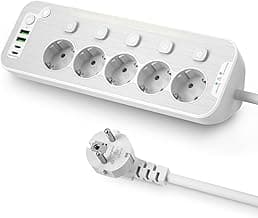 Regletas Enchufes USB C,Enchufe Multiple de Mesa,Ladron Enchufes con Interruptor,Metal Regleta 5 Tomas Luz LED-Nocturna,Regletas Enchufes Proteccion Sobretension,Enchufe de Esquina 2M Cable,Blanco