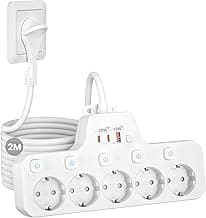 Regleta Enchufe Plano,PD20W Regleta 5 Enchufes con USB C,Ladron Enchufes con Interruptor,Enchufe Multiple Pared Extraplano,5 Tomas Proteccion Sobretension Alargador 2M Cable para Hogar Oficina,Blanco