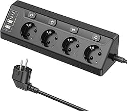 Regleta de Enchufes de Esquina con USB, 4 Enchufes con Interruptor, Regleta Múltiples con 2 USB y 2 Type-C, Protección contra Sobretensiones 8 en 1 con Cable de 2M para Smartphones, Tabletas, Negro