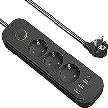 Regleta Enchufes con USB C, Protección sobretensión con 3 Tomas y 3 USB de Carga Rápida y 1 Tipo C, Extensión Protectora Multienchufe Alargador de 2 Metros (F23U Negro)