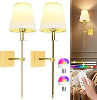 Psatfito G Lampara pared Sin Cable recargables - E27 Aplique pared Interior con control remoto,5000 mAh Batteria Apliques Sin Cable Regulable,400 lúmenes,Dormitorio,para Salón,2 Piezas（Dorado）