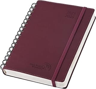 POPRUN Agenda 2025 2026 Día Por Página Espiral 21,5 x 14,5 cm, Planner Diaria con Tapa Blanda 12 Meses de Ago.2025 a Jul.2026, Banda Elástica, 80 GSM Papel, Borgoña Oscuro