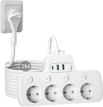 Regleta Enchufe Plano, Regletas Enchufes USB C,Ladron Enchufes con Interruptor,Enchufe Multiple Pared Extraplano,Regleta 4 Tomas Schuko 4 Interruptor Independiente,Alargador Enchufe 2M Cable,Blanco