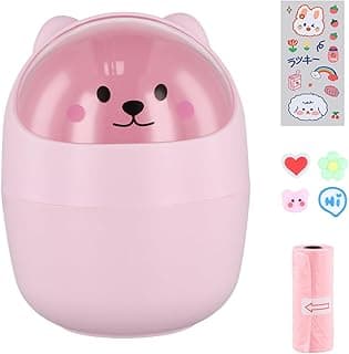 Bote de Basura de Escritorio, Portátil Mini Cubo de Basura de Mesa con Tapa Pequeño Desmontable, Papelera Escritorio Infantil, Lindo Titular de Pluma Plástico (Rosa+Pegatinasx2 tipos+Bolsa de basura)