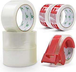 BOMEI PACK Cinta adhesiva de embalaje para paquetes de envío Rollo adhesivo dispensador 6 rollos de 48mm x 66m (4 transparentes + 2 artículos frágiles) + 1 dispensador