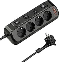 Regleta de Enchufes de Esquina con USB, 4 Tomas con Interruptor, Regleta Múltiples con 2 USB y 2 Type-C, Distribuidor de Enchufes 8 en 1 con Clavija Plana con Cable de 2M para Smartphones, Negro