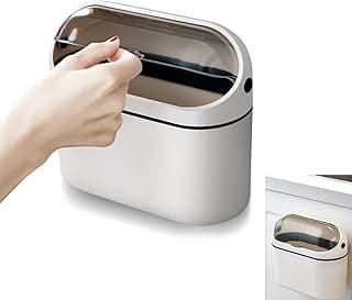 Cubo de Basura de Mesa con Tapa, 2L Mini Papelera Escritorio de Montaje en Pared, Papelera Pequeña Papelera de Baño para Cocina, Dormitorio, Baño, Oficina, Blanco Marfil (20.5×10.2×19cm)