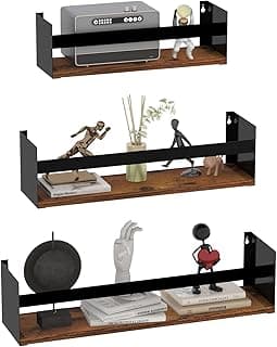 RLAVBL Estanteria Pared de Madera Marron con Barandillas Metálicas Negro, Juego de 3 Baldas Pared de Diferentes Tamaños, Ideales para Ahorrar Espacio en la Cocina, Baño y Sala de Estar.