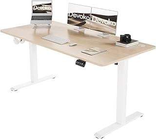 Devoko Escritorio Elevable Eléctrico 140 x 60cm,Escritorio Regulable en Altura con Gancho, 71-119 cm, 2 Opciones de Memoria Inteligente, Adecuado para Estudiar Trabajar（Beige）