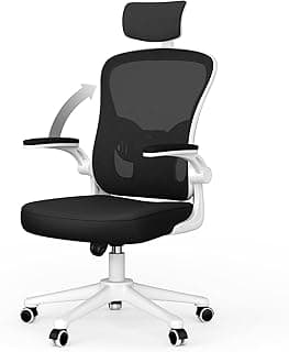 rattantree Silla de Escritorio Ergonómica con Reposacabezas Ajustable y Soporte Lumbar, Respaldo de Malla Transpirable, Reposabrazos Abatibles de 90°, Silla Giratoria de 360° para Oficina, Blanco