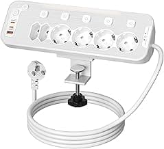 Regleta Escritorio con USB C,Regletas Enchufes Proteccion Sobretension,Toma de Mesa con Dispositivo de Sujeción,6 Tomas con Interruptor Individual,Ladron Enchufe Multiple PD20W,2M Cable,Blanca