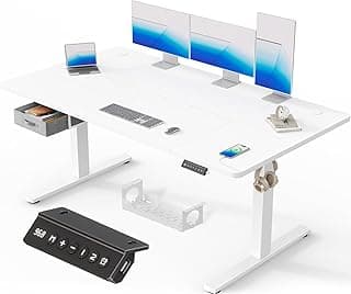 Devoko 160x80cm Escritorio Elevable Eléctrico con Cajones, Escritorio Regulable en Altura de Carga USB-A, Mesa Escritorio Elevable de Gestión de Cables y de Recordatorio de Postura Sentada,Blanco
