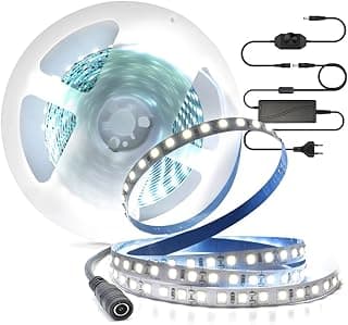 Tira de LED de 5m 12V blanco frío 6000K con regulador de intensidad de luz, Tira luz regulable 600 LED SMD2835, Tira LED autoadhesiva, Luces de Tiras LED para decoración navideña de cocina interior