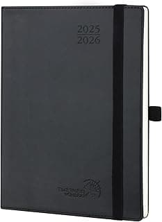 POPRUN Agenda 2025 2026 Semana Vista 22 x 16,5 cm, Semanal 17 Meses de Ago.2025 a Dic.2026, Tapa Blanda en Cuero Vegano, Porta Boligrafos Autoadhesivo, 80 GSM Papel, Negro