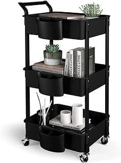 HBTower Carro de Cocina 3 estantes, Carro de Servicio con Ruedas, Carro con 3 estantes móviles, Carro Multiusos para Maquillaje de Cocina baño Oficina, Blanco