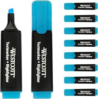 Westcott marcadores resaltadores 10 piezas en azul | Paquete de 10 marcadores resaltadores en azul brillante | 2-5 mm de ancho de línea | tinta premium de Alemania | E-743631 00