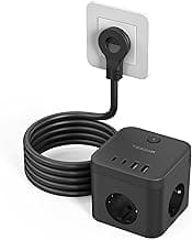 TESSAN Regleta Enchufes con USB C PD 20W Carga Rápida, Ladron Enchufe Plano de 3 Tomas con 4 USB, 3680W Cubo Triple Multiple con Interruptor y Alargador 1,5M, Negro
