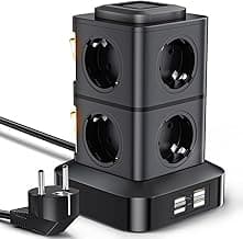 OLEKE Regleta Vertical Enchufes 2500W/10A Regleta Enchufe con 8 Tomas Corrientes y 4 Rápida USB Tomas Protección de Sobrecarga Cable de extensión de 3 Metros y Tapón de Seguridad