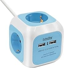 EXTRASTAR 6 en 1 Cubo Regleta Enchufe con USB de 4 Enchufes + 2 Puertos USB 5V, 1.5M, MAX 3680W, 16A, Azul, para Hogar Oficina