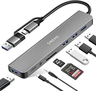 SINEHO Hub USB Dual 8 en 1 (Entrada USB-C y USB-A), Adaptador USB C Multiport con USB 3.0, 3xUSB 2.0, Datos USB-C, Audio 3.5mm, SD/TF para MacBook, Laptops, PC