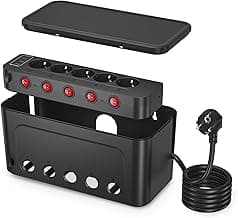 Regletas Enchufes con Caja Organizadora de Cables, Enchufe Multiple con Interruptor Independiente, Caja para Cables con Ladron Enchufes USB, Regleta 5 Tomas Proteccion Sobretension 1,5M Cable,Negro
