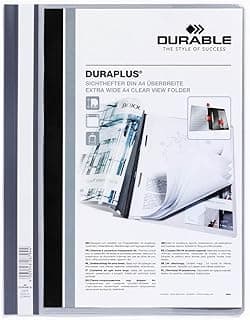 Durable 257910 Carpeta de fástener con cubierta transparente y tapa posterior de color Duraplus para A4, gris, paquete de 25