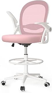 naspaluro Silla de Oficina con Anillo Reposapiés, Silla de Escritorio Ergonómica con Malla Transpirable, Reposabrazos Abatibles, Silla para Ordenador de Altura Regulable, Silla Giratoria de 360°, Rosa