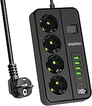 SDKDZKG Regleta Enchufes. Regleta de con Interruptor de Control 4 Tomas AC (13A/3000W), con Puertos de Carga 4 - USB A y 2 - USB C. 3M Adaptador Cable. para Oficia y Viajes en Hogar (Negro)