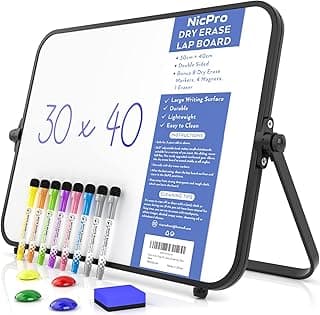 Nicpro Pizarra blanca pequeña de borrado en seco A3 con soporte antideslizante, 30x40 cm, pizarra blanca magnética de doble cara con 8 bolígrafos, borrador, imán, estudiantes, uso en el aula