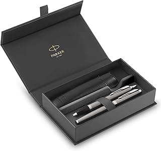 Set de regalo Parker IM Duo Pen | Pluma estilográfica, bolígrafo y estuche | Acabado en acero inoxidable con adornos cromados | Punta media | Recargas de tinta azul | Regalos de graduación perfectos