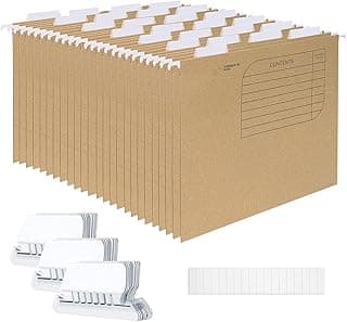 Srvnpioy 25 piezas Carpeta Colgante DIN A4 de Papel Kraft, con Pestañas de Plástico Transparente y Tarjeta en Blanco para Oficina, Escuela, Hogar (Marrón)
