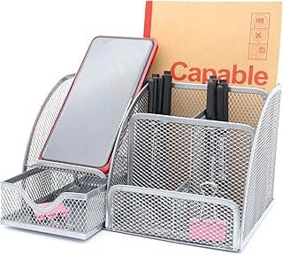 ZDZBLX Organizador Escritorio, Organizador de Escritorio de Malla Metálica Multifunción, Portalapices, Lapiceros para Escritorio, Material oficina y Papeleria Organizador con bandeja para cajón, Plata