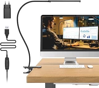 Mojimdo Lámpara de escritorio 77 LED [Potencia luminosa notable] 70 cm Lámpara con pinza, 3 colores y 10 niveles de luminosidad Lámpara de lectura 360° flexible con cargador USB para hogar/oficina