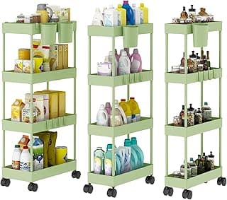 Shrivee Pack of 4 Carrito Auxiliar Baño con Ruedas 3 Niveles Ahorro de Espacio Carro Organizador con Ganchos y Tazas de Cocina Oficina (Verde)