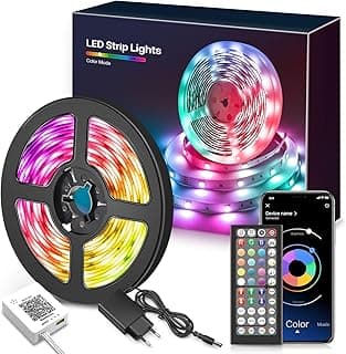 Mexllex Luces LED 15m, Tiras RGB 5050, Colores con Control Remoto y App control, luces para habitacion con micrófono incorporado sensible, Sincronización Musical