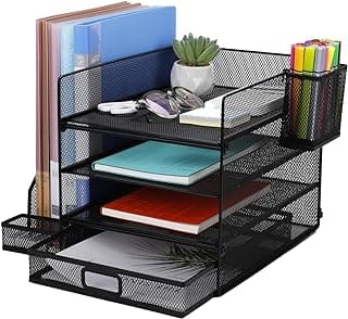 MUUKAIII para archivos A4, archivador de 3 niveles, 1 organizador de piezas pequeñas y 1 portalápices, organizador de almacenamiento de malla de escritorio con archivador de suministros de oficina
