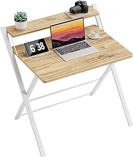 GreenForest Escritorio Plegable con Estante del Monitor, Escritorio de Oficina deTamaño Pequeño sin Montaje, Escritorio Pequeño para Espacio Pequeño, Beige