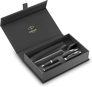 Set de regalo Parker IM Duo Pen | Pluma estilográfica, bolígrafo y estuche | Acabado lacado negro con adornos cromados | Punta media | Recargas de tinta azul | Regalos de graduación perfectos