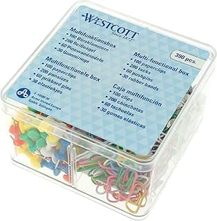 Westcott Caja multifunción de oficina, 390 piezas, clips, chinchetas, chinchetas, anillos de goma, multicolor, transparente, E-10580 00