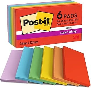 Post-It Super Sticky Notas Playful Color Collection Paquete de 6 Blocs de Notas, 90 Hojas por Bloc, 76x127 mm, Rojo, Naranja, Amarillo, Verde, Azul, Morado, para Listas de Tareas y Recordatorios