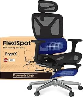 FLEXISPOT ErgoX Silla de Oficina Ergonómica con Soporte Lumbar, Respaldo 5D, Reposabrazos 3D, Reposapiés Retráctil, Cojín Transpirable, Inclinación 135°, Escritorio Ajustable Silla de Escritorio Negro