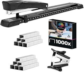 OfficeTree Grapadora Brazo Largo - Grapadora Rapid con 1 Quitagrapas y 1000 Grapas - Grapadora Larga Ideal para Folletos - Grapadora Grande para Papel DIN A3 - Grapadoras Negra con Guía de Papel