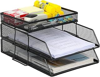 EasyPAG 3 Niveles Metal Malla A4 Bandejas Oficina Apilables Soporte Documentos Almacenamiento Revistas Organizador Escritorio Clasificador Carta Estante Papel,Negro