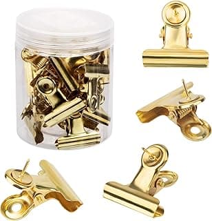 Gosknor 20uds Oro Clips y Chinchetas, Chinchetas Clips Bulldog con Alfileres Metal Tablón Anuncios Accesorios para Tableros Corcho para Usar en la Pared del Cubículo la oficina en Casa