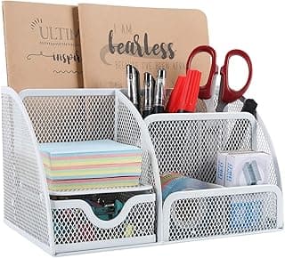EasyPAG 7 Compartimentos Metal Malla Organizador Escritorio Portalápices Soporte Lapiceros Almacenamiento Oficina,Blanco