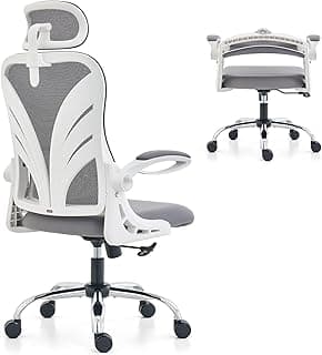 HOLLUDLE Silla de Oficina Ergonómica con Respaldo Plegable, con Reposabrazos, Reposacabezas 2D y Soporte Lumbar de Malla, Giratoria Ejecutiva para Computadora, Blanco