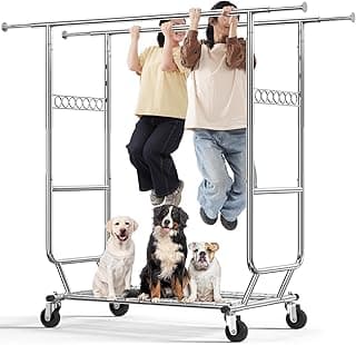 HOKEEPER Perchero doble para ropa de grado comercial con estantes, rieles dobles resistentes, ajustable, plegable, con ruedas, acabado cromado