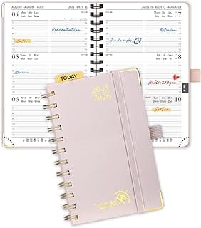 POPRUN Agenda 2025 2026 Pequeña 16 x 10,5cm, Tapa Dura Agenda Semana Vista A6, 17 Meses de Ago.2025 a Dic.2026, Regla de Plástico, 80 GSM Papel, Rosa Claro